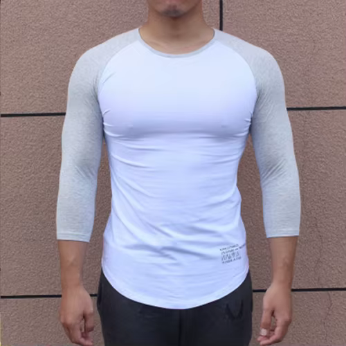 T-shirt à manches longues pour hommes, chemise patchwork trois quarts, t-shirt de musculation en cot