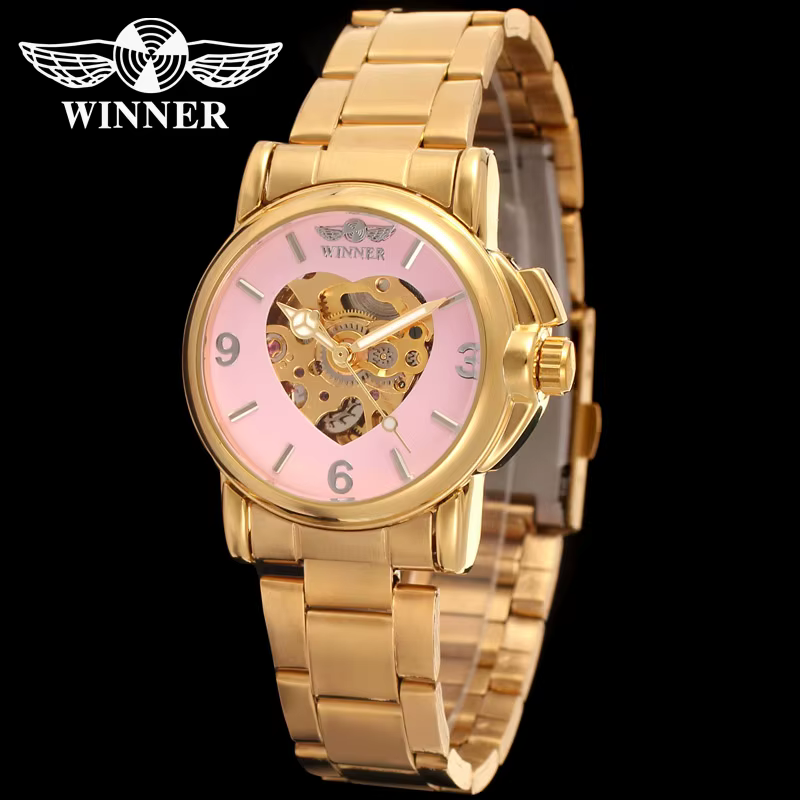 T-WINNER nouvelles femmes de luxe haut marque automatique montre mécanique squelette doré amour en a