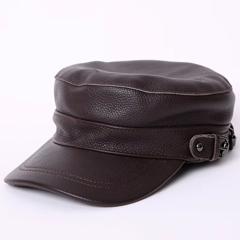 Protège-oreilles en cuir véritable pour homme, couvre-tête plat, chaud, style militaire, idéal pour 