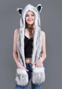 Chapeau à Capuche en Fausse Fourrure pour Homme et Femme, Oreillettes, Poches à Main, Loup, Peluche,
