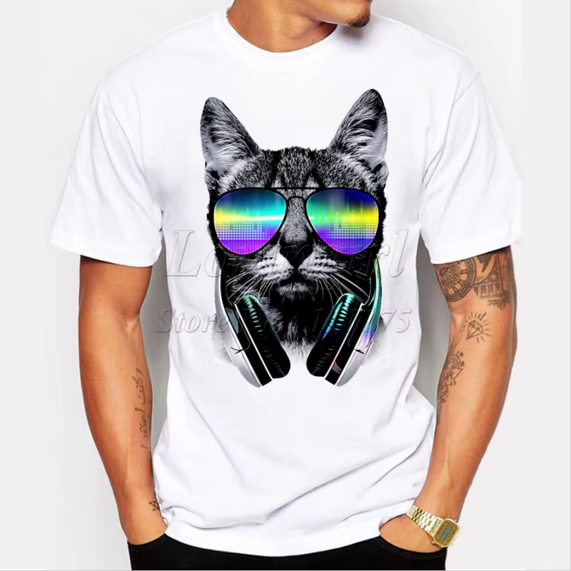 TEEHUB-T-shirt court et humoristique pour homme, à la mode, musique, DJ, chat imprimé, médicaments