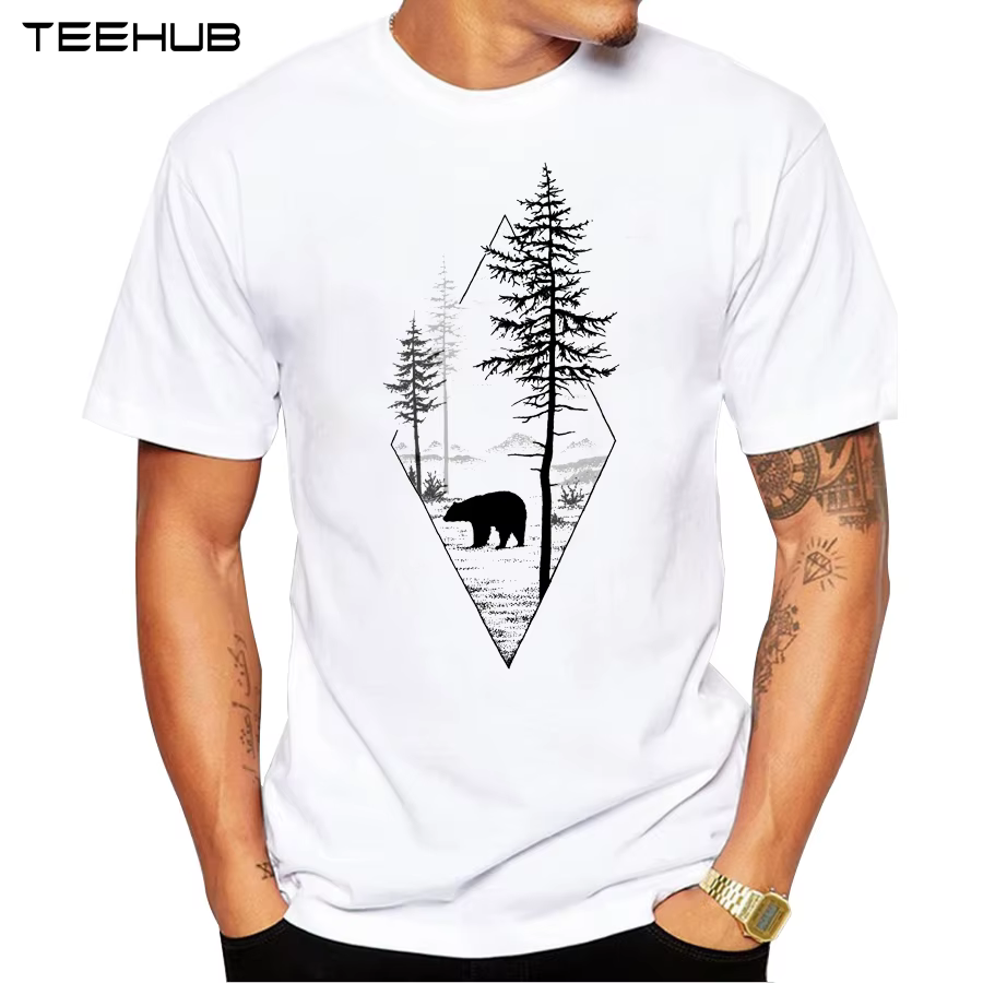 2023 forêt ours hommes T-Shirt à manches courtes décontracté T-Shirt Hipster ours noir imprimé T-Shi