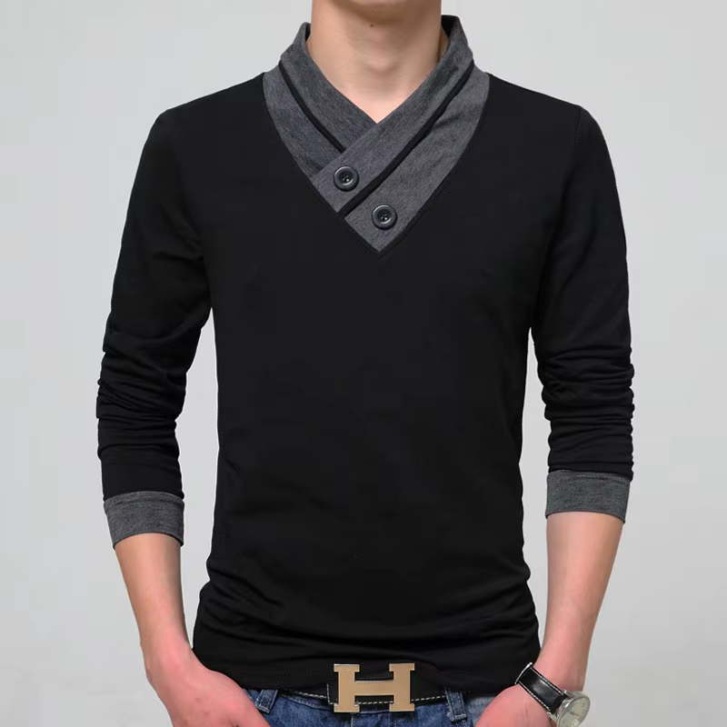 T-shirt à manches longues pour hommes avec col montant, bouton noir, fitness, coupe couvertes, grand
