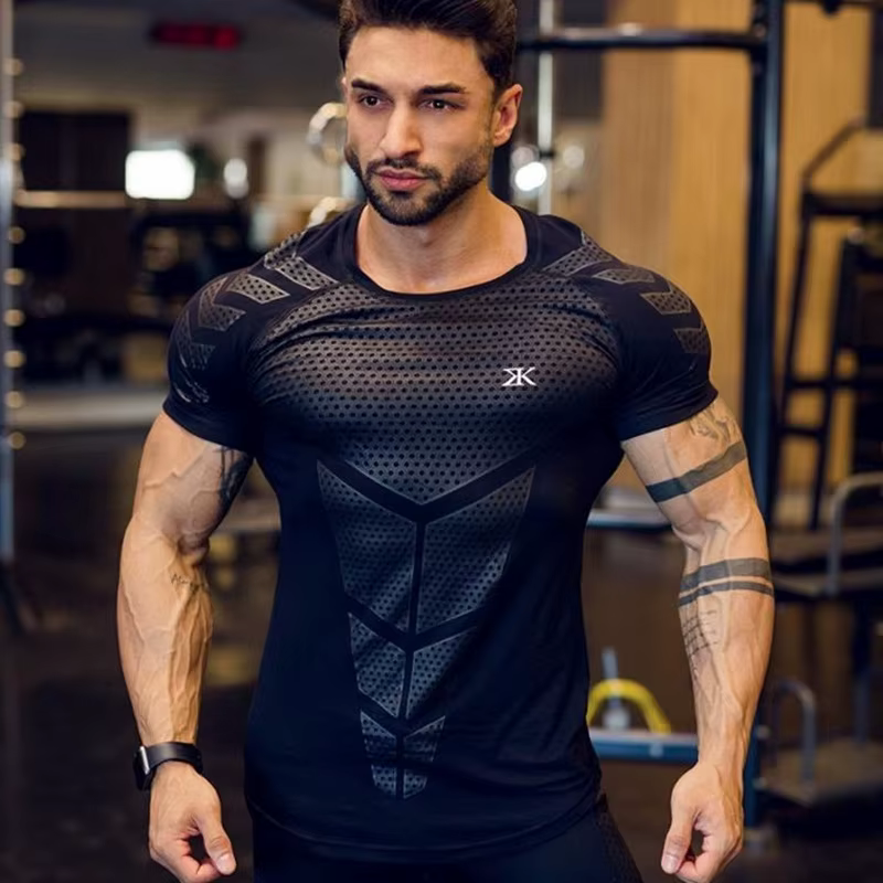 Compression séchage rapide T-shirt hommes course Sport maigre T-shirt court homme Gym Fitness muscul
