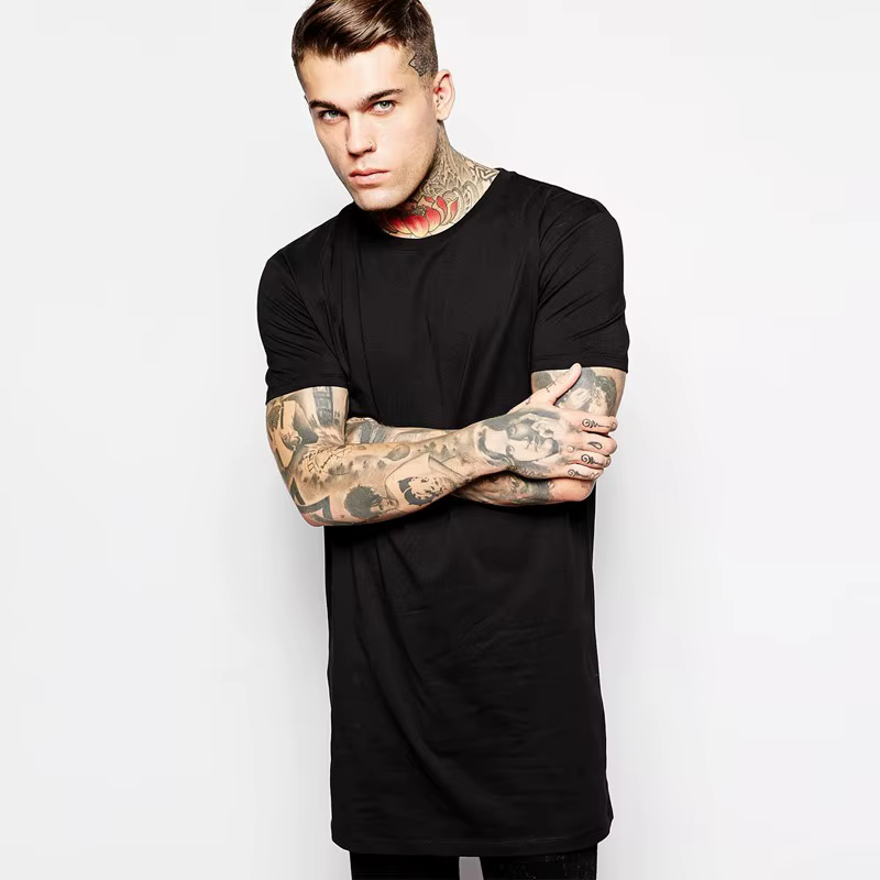 Nouveau T-shirt long noir pour homme 2026 – Style Hip Hop décontracté à manches courtes pour homme