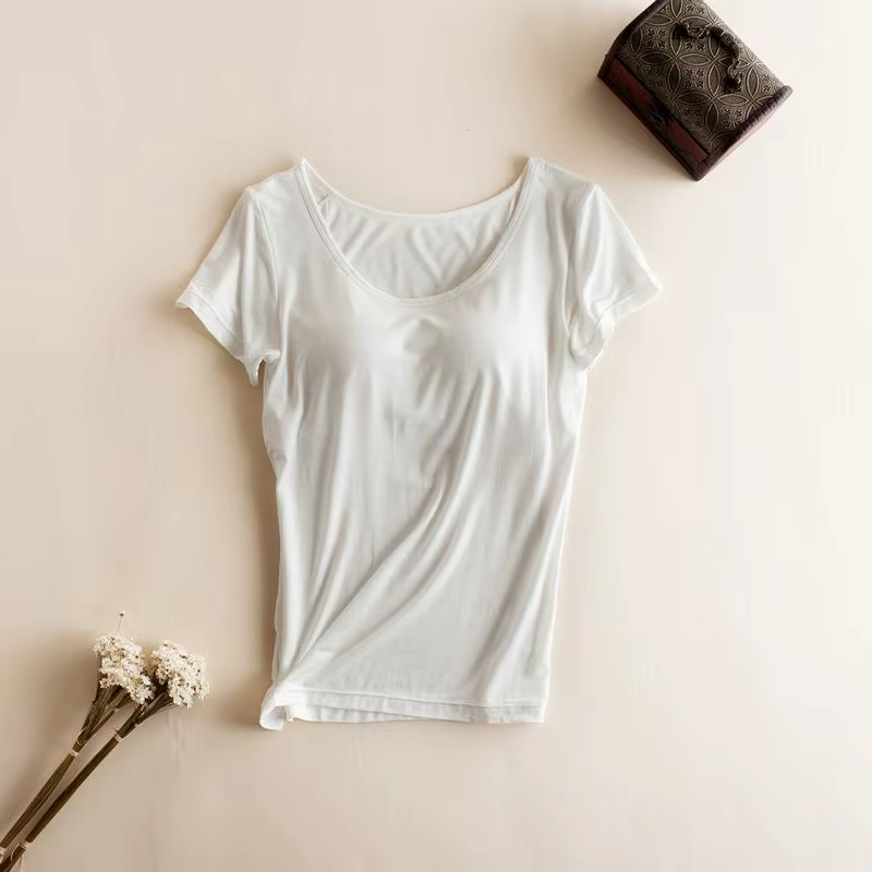 T-shirt à manches courtes pour femmes, soutien-gorge rembourré intégré, vêtements respirants, t-shir