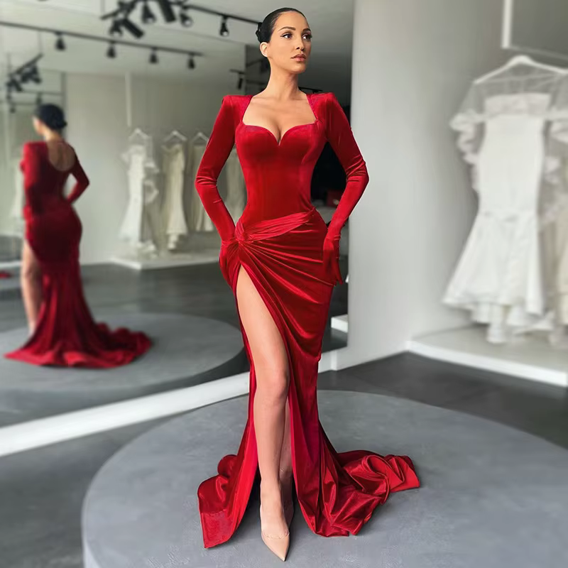 GACVGA robe longue élégante robe de soirée tenues femmes gants manches rouge velours Sexy fente Maxi