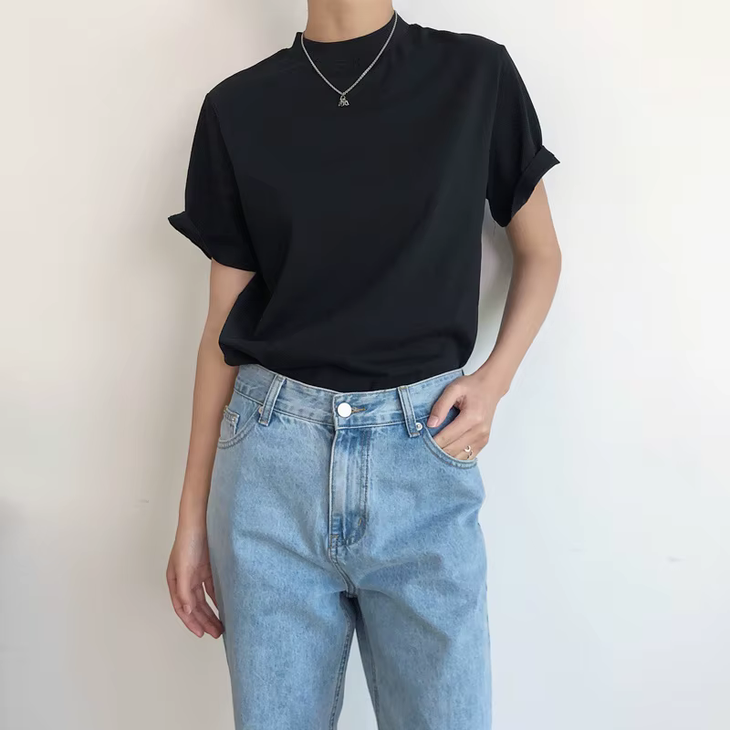 T-shirt manches courtes col rond femme, décontracté, monochromatique, ample, été