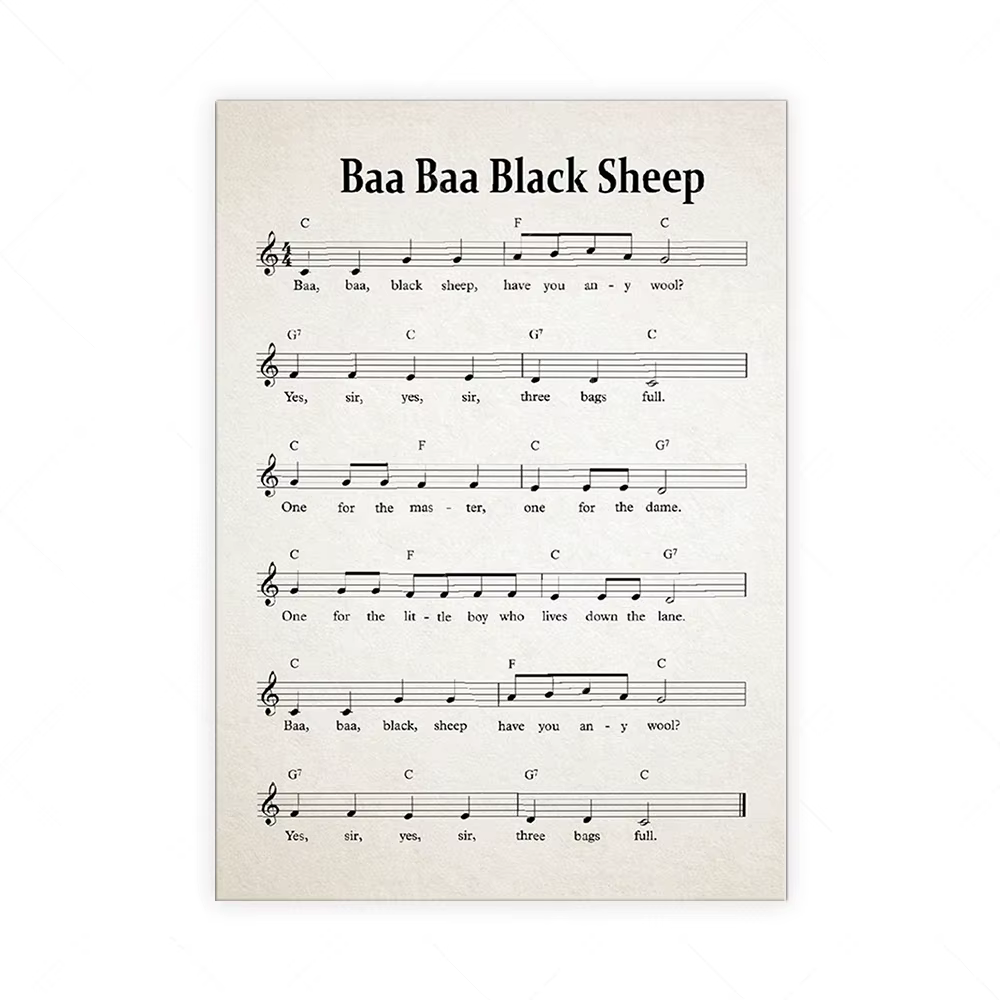 Baa Baa Black Sheep Nursery Dangmes Music Sheet Poster, Affiche