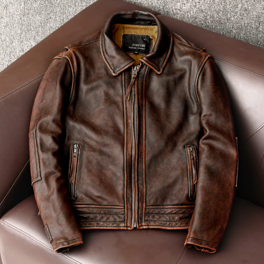 Veste en cuir à queue d'hirondelle pour hommes, haut de moto vintage, manteau en cuir de vachette, v
