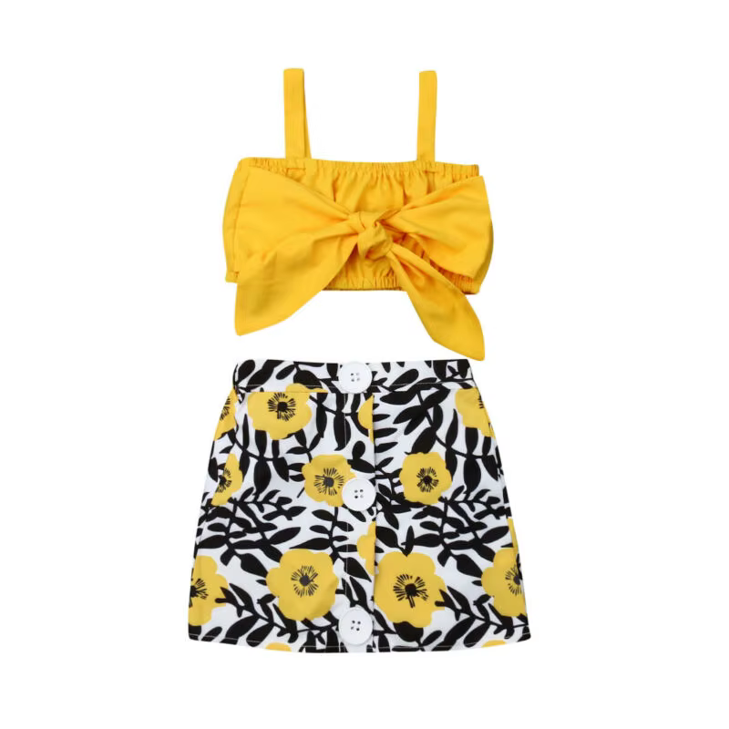 Ensemble 2 pièces pour bébé fille, vêtements pour nouveau-né, joli grand nœud, jupe à fleurs jaunes,
