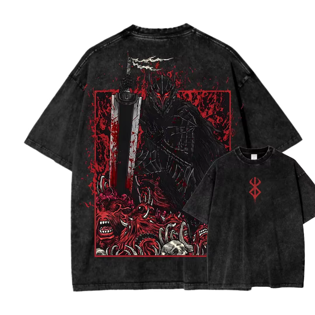 Anime Berserk Guts imprimé T-shirt hommes femmes à manches courtes coton t-shirts Vintage lavé T-shi