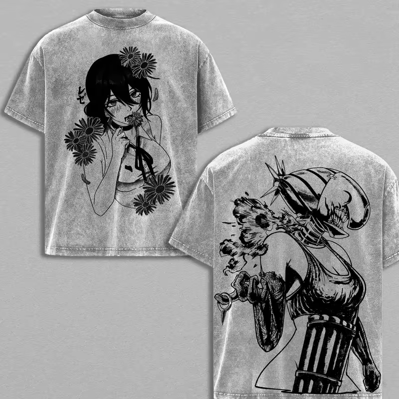 T-shirt Anime Chainsaw Man Reze Vintage Gothique Délavé Oversize Homme Femme Vêtements Manches Court