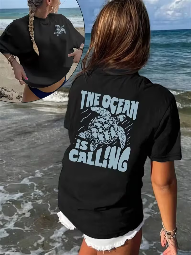 T-shirt à manches courtes pour femmes, imprimé tortue, col ras du cou, doux, écologique, décontracté