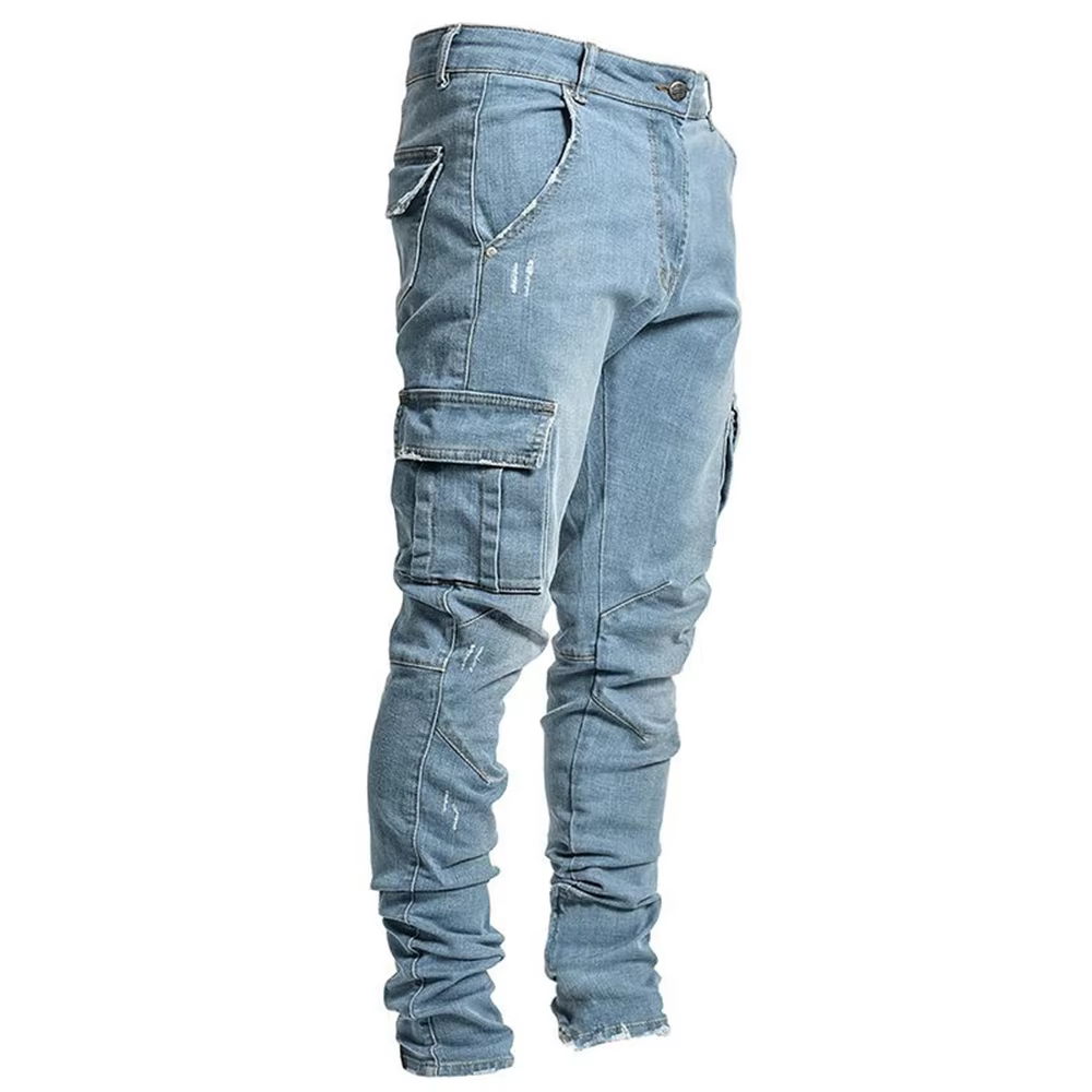 Jean élastique de rue pour hommes, pantalon Cargo en Denim, couleur unie, multi-poches, décontracté,