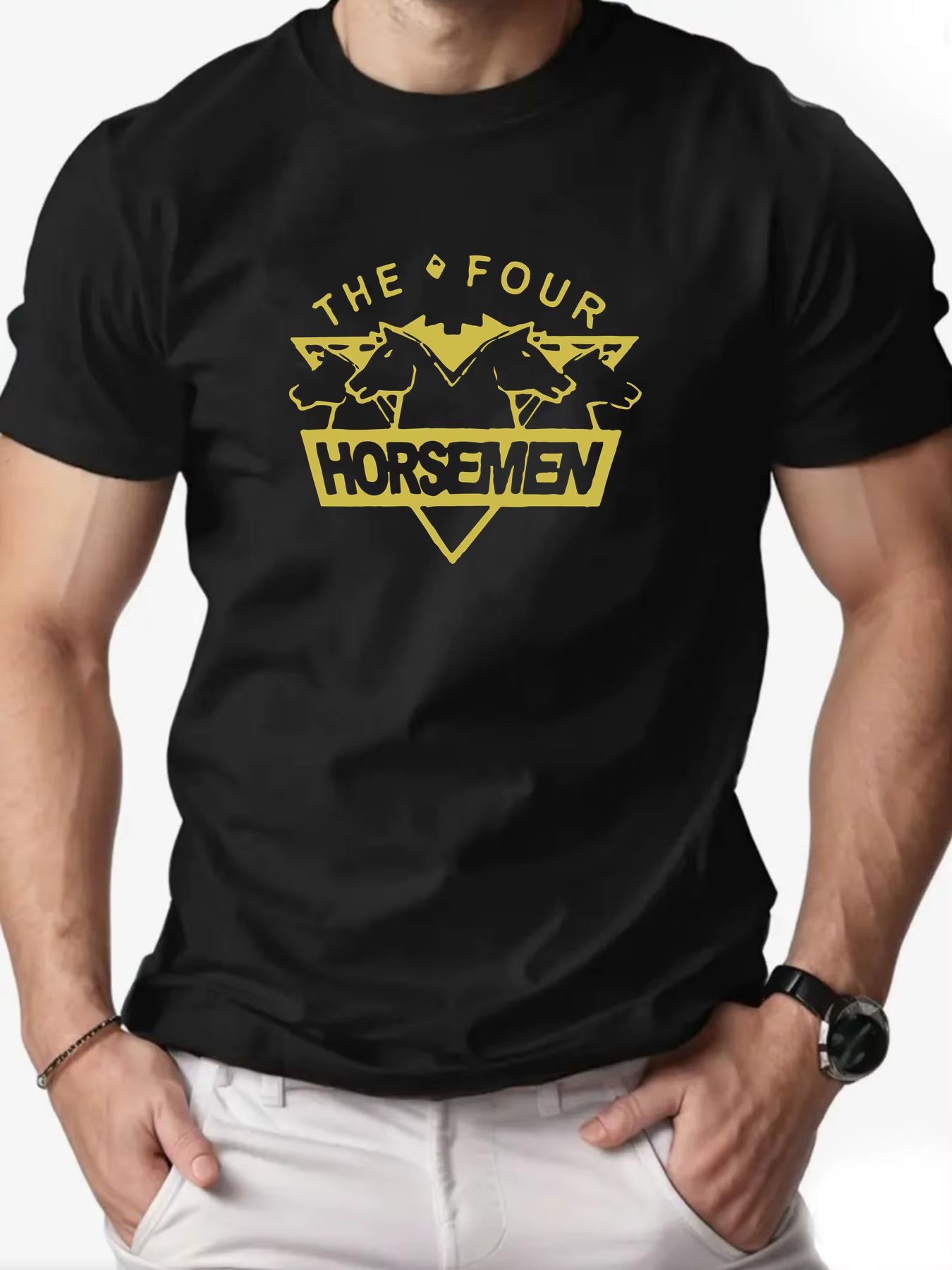 T-shirt col rond pour hommes, 100% coton, motif imprimé cheval, respirant, Streetwear, décontracté, 