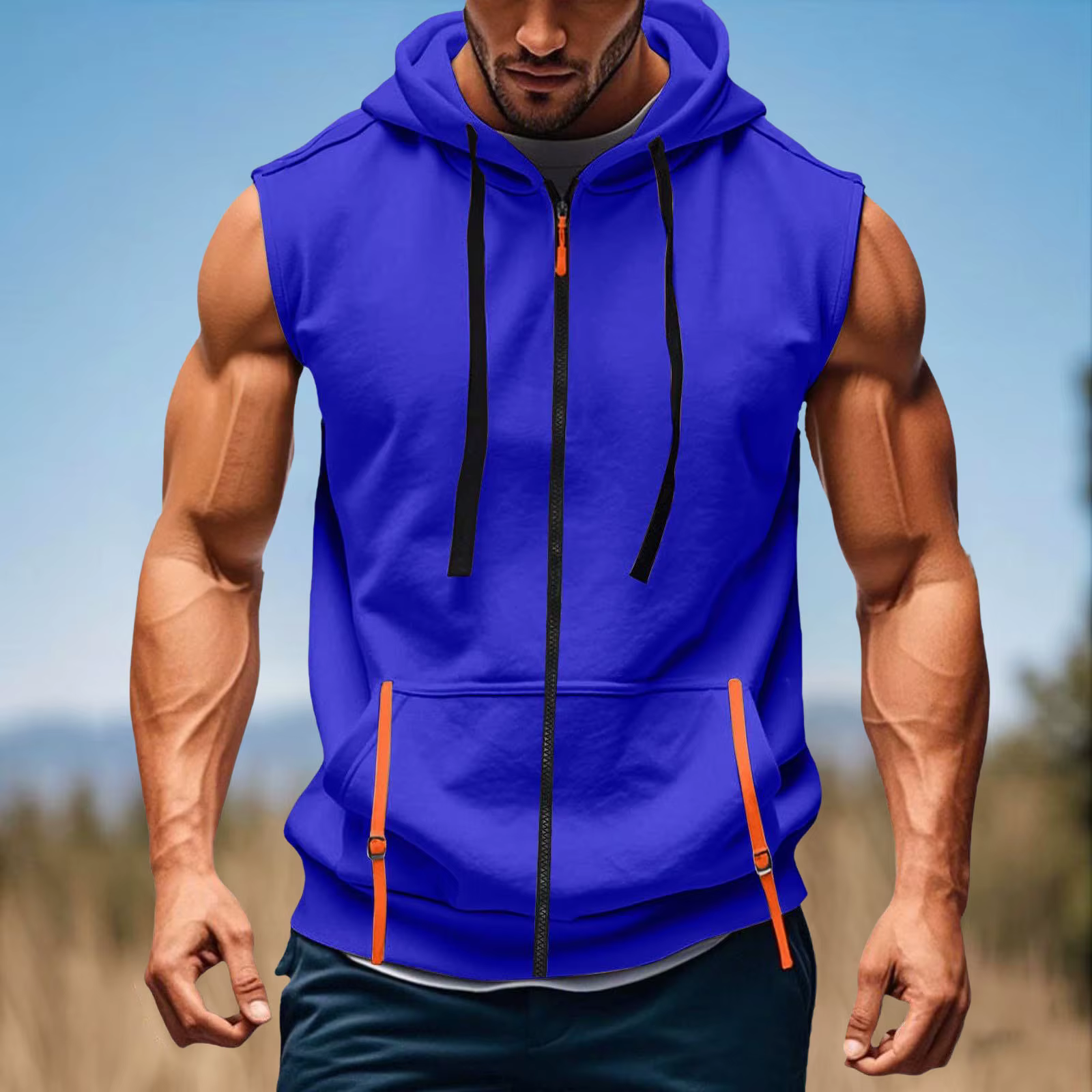 Sweat à capuche de fitness pour hommes, manches courtes, fermeture éclair au quart, sans manches, lé