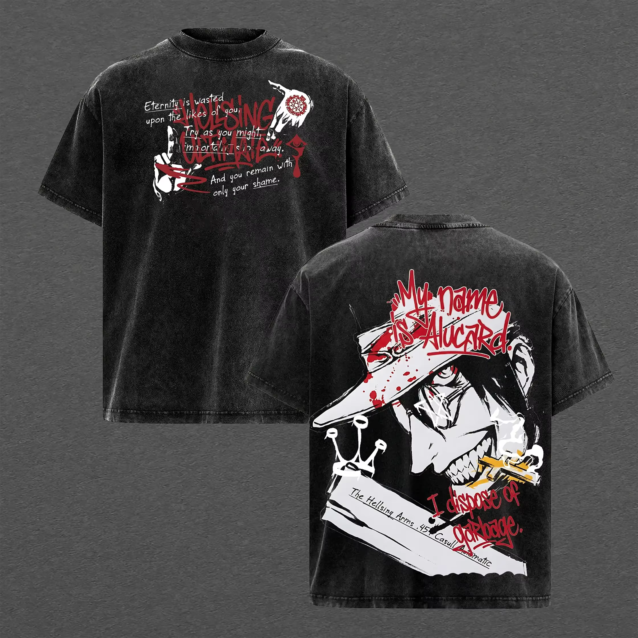 T-shirt Anime Hellsing Alucard Vintage Lavé Y2K Oversize Homme Femme Vêtements Été Manches Courtes C