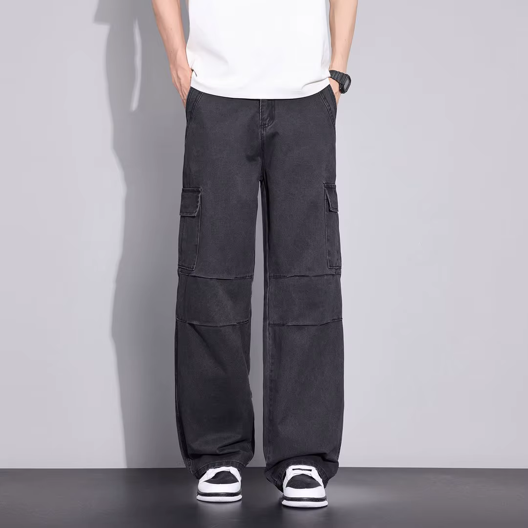 Pantalon cargo baggy pour homme en pur coton, multi-poches, style parachutiste, coupe droite, en ser