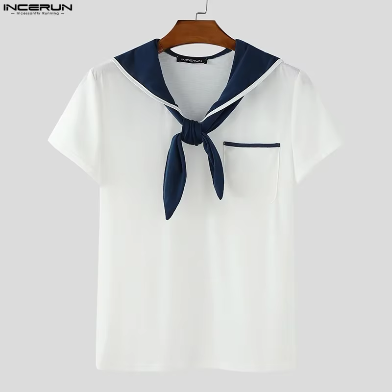 INCERUN hommes t-shirt Patchwork été col marine à manches courtes hommes t-shirt hauts Streetwear 20