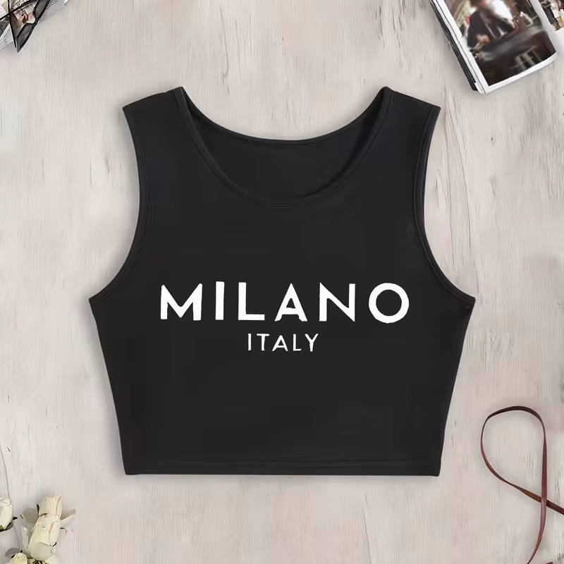 Débardeur sexy et tendance pour femme, imprimé lettres Milano Italie, col rond, sans manches, style 