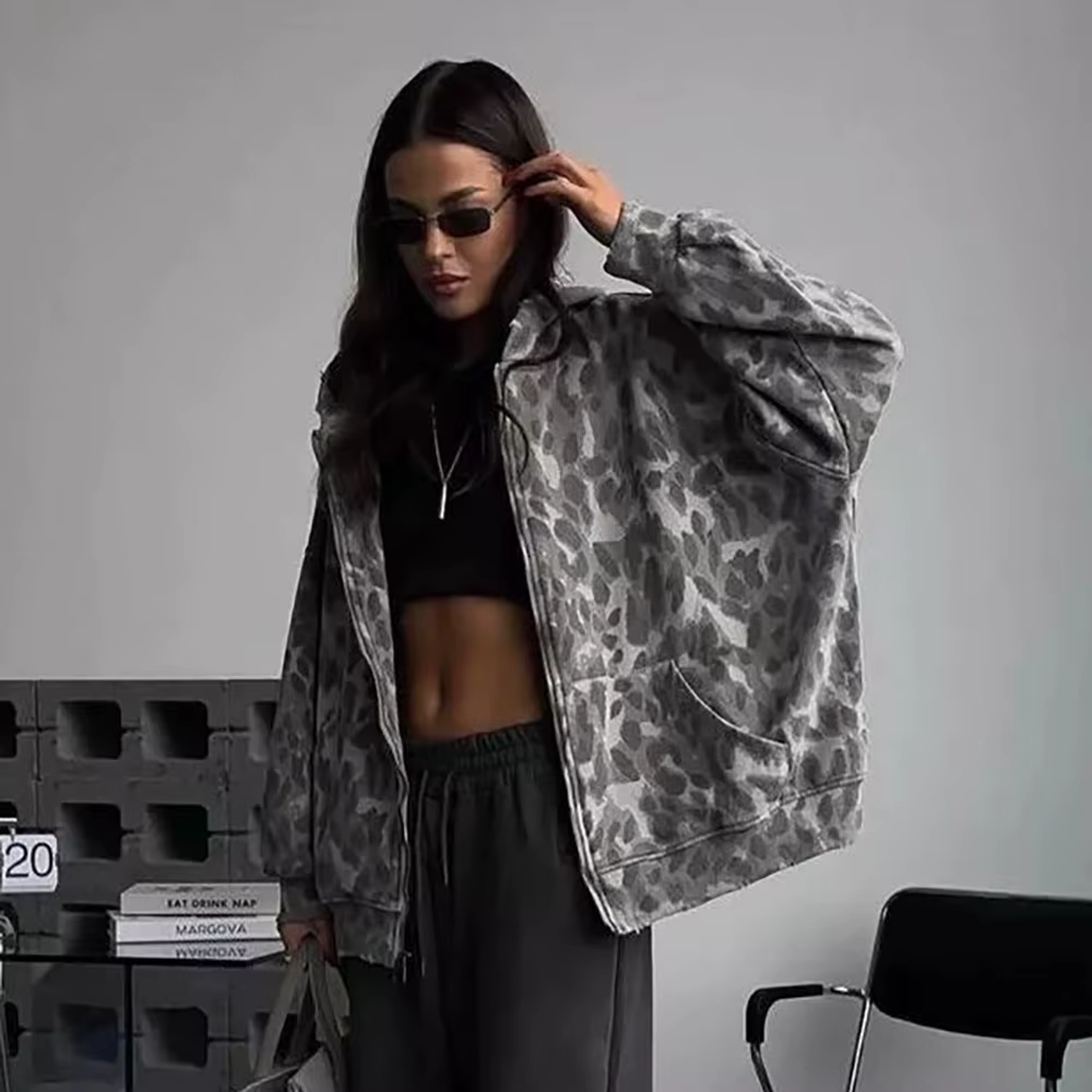 Sweat à capuche camouflage avec fermeture éclair pour femme, design rétro ample de style de rue d'au