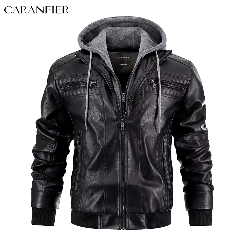 CARANFIER hommes veste en cuir PU mâle Moto Biker à capuche manteaux de luxe vêtements Faux Vintage 