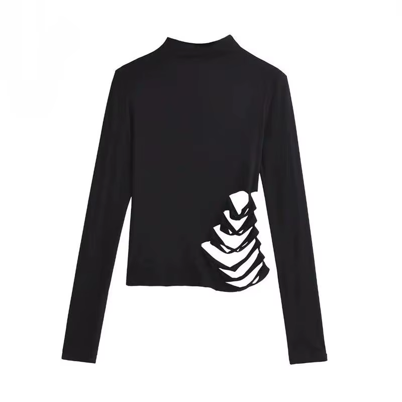 T-shirt manches longues col haut pour femme, vêtement ajouré, couleur unie, noir, décontracté, Slim,