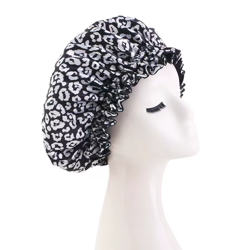 Bonnet de nuit en Satin imprimé léopard pour femmes, Double couche, Bonnet soyeux, bande élastique r