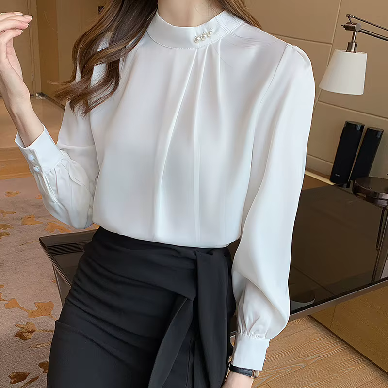 Chemises en Satin pour femmes, manches longues, chemisier élégant en mousseline de soie, couleur uni