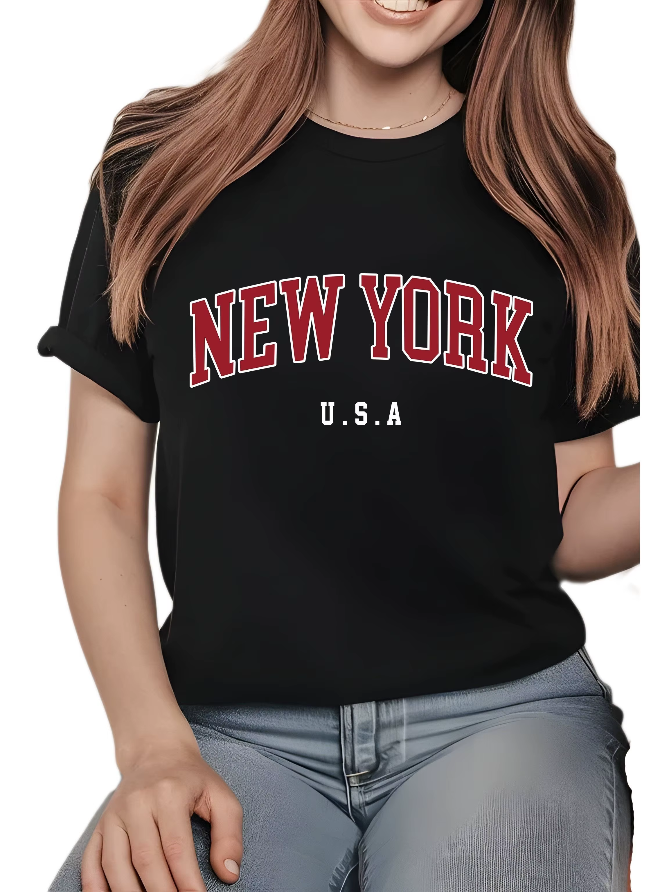 T-shirt à imprimé graphique New York pour femme, décontracté, à manches courtes, col rond confortabl