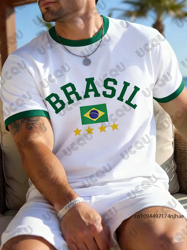 T-shirt imprimé drapeau national du brésil en 3D pour hommes, t-shirt d'été à manches courtes, vêtem