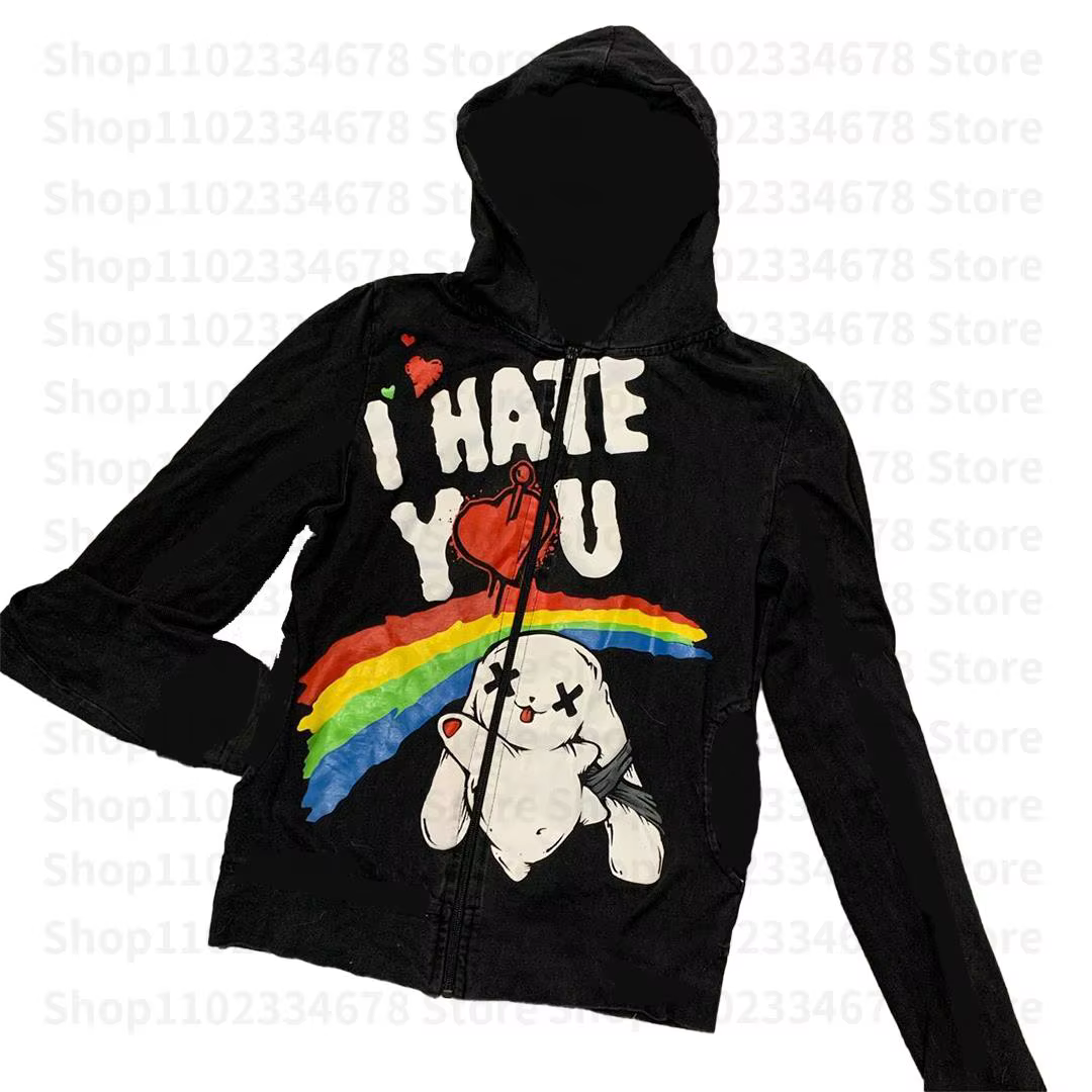 Sweats à capuche rétro grunge Mall Goth Jacket Coat, Y2K Aesthetic Vintage, PVD Letter, Cute Bunny G