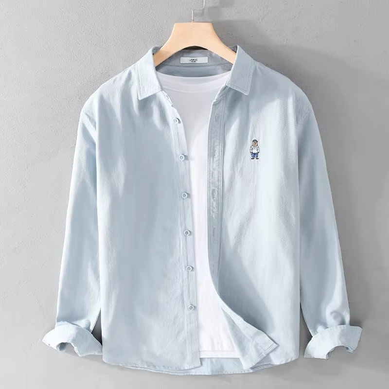 Chemise à manches longues brodée d'ours pour hommes, Streetwear japonais décontracté, coupe ample, v