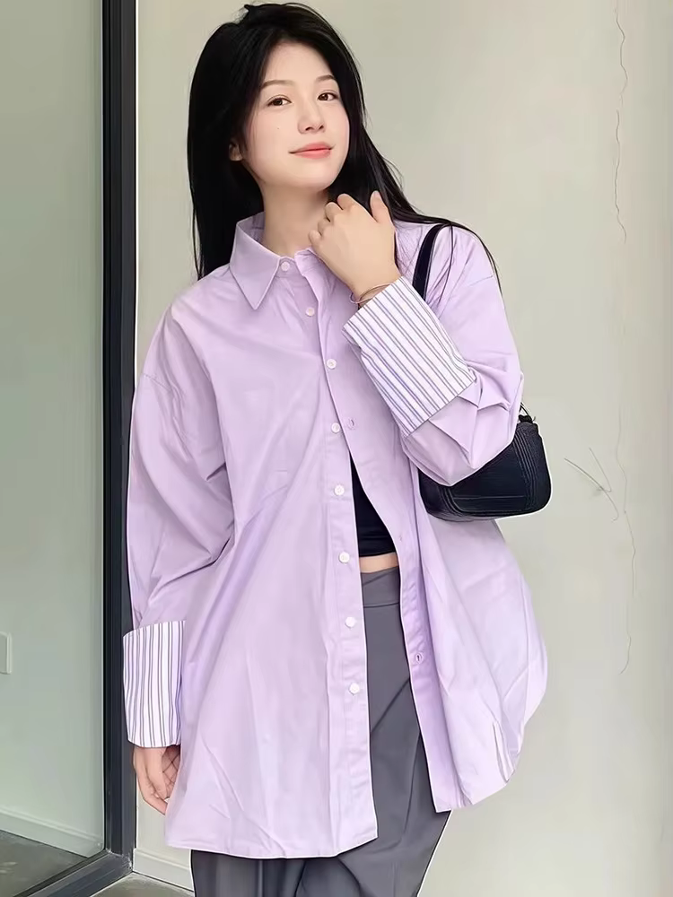 Chemise violette élégante pour femmes, manches longues, Vintage, douce, chemisier coréen décontracté