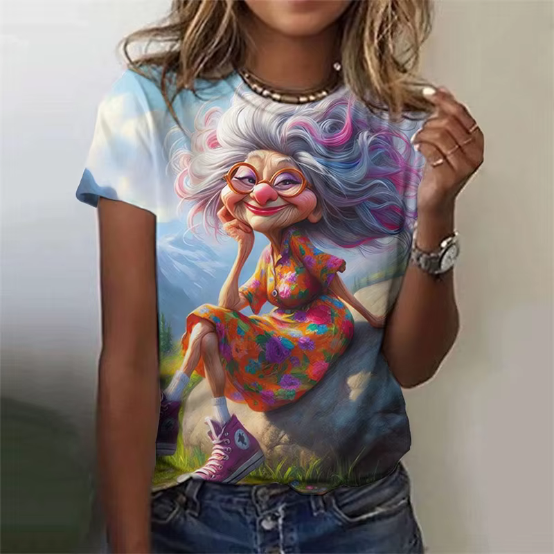 T-Shirt grand-mère de dessin animé imprimé en 3D pour femmes, t-shirts graphiques colorés à la mode,