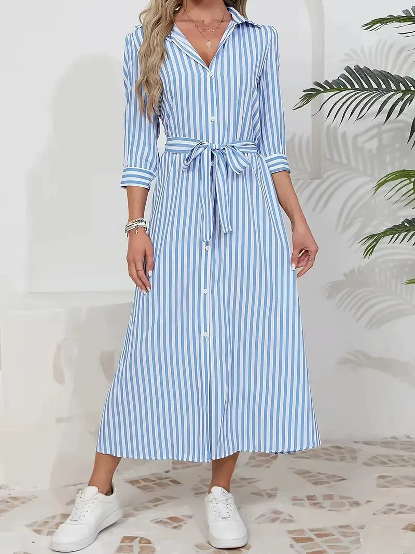 Robe chemise rayée à manches courtes, style nautique, taille à nouer + silhouette évasée, vacances d