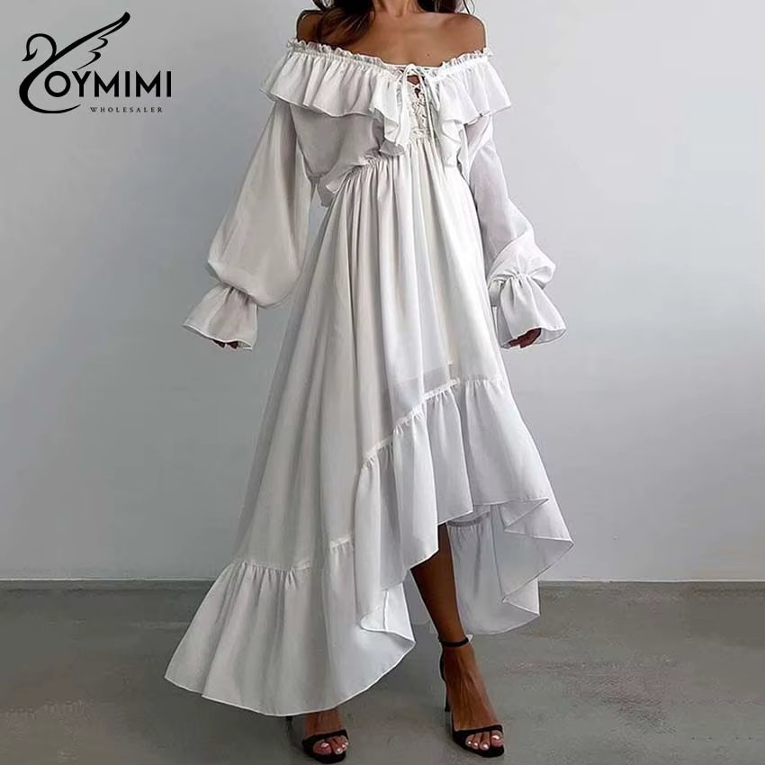 Oymimi élégant blanc robes à volants 2025 femme mode col en v à lacets à manches longues robes décon