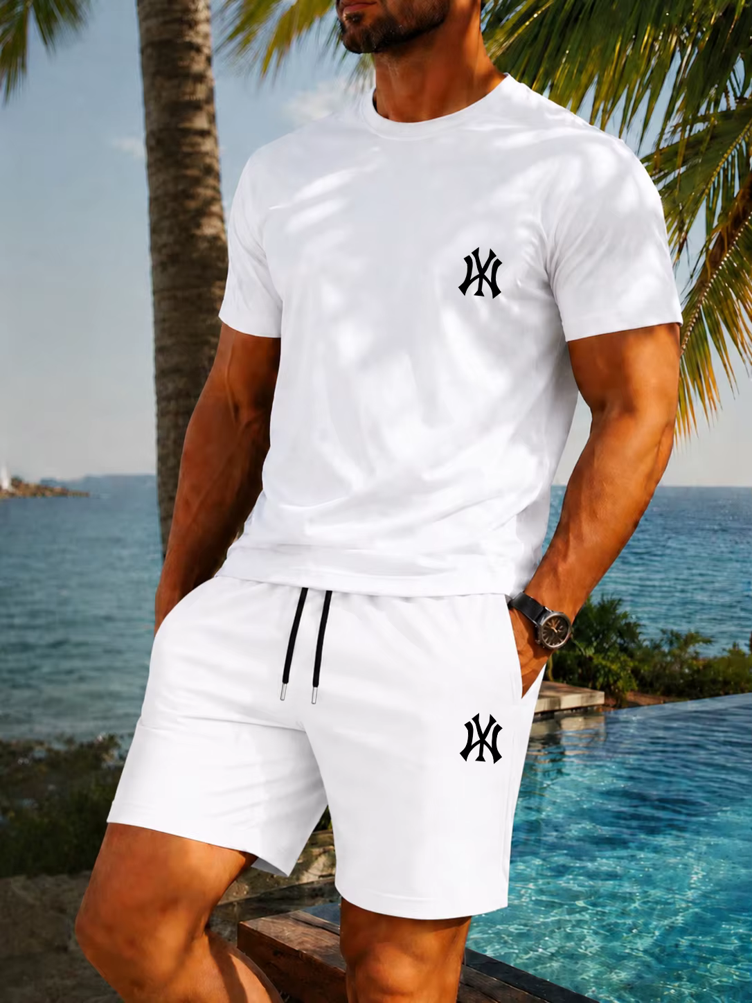 Nouvel ensemble respirant 2026 : T-shirt simple à col rond avec logo NY pour homme et short cinq poi