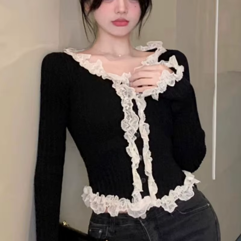 Cardigan court en dentelle épissée de style français pour filles, pull sexy, unique et unique, doux 