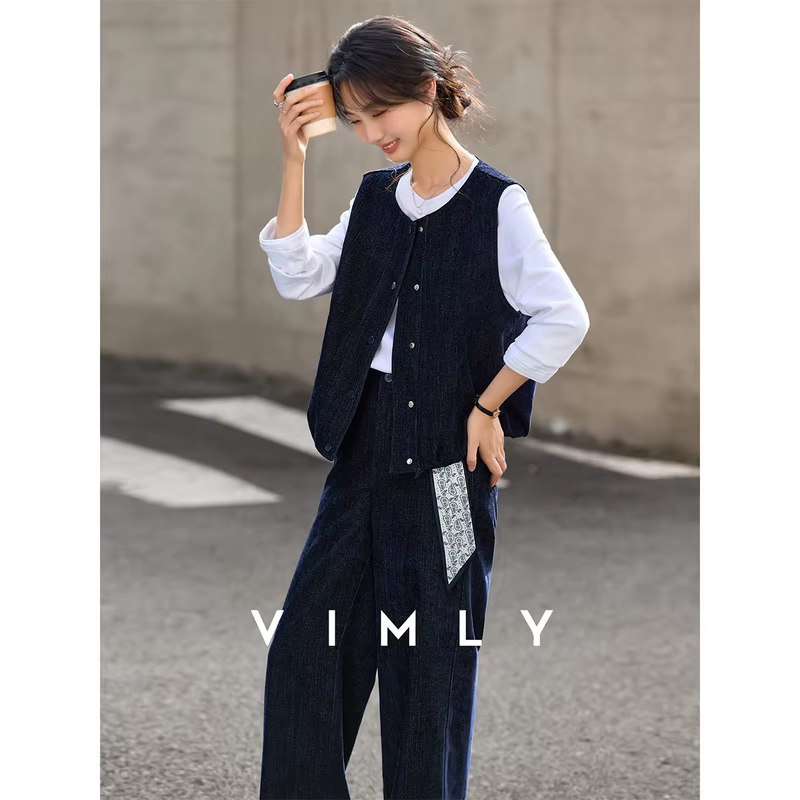 VIMLY Ensemble pantalon deux pièces bleu marine pour femme, tenue de bureau, texture velours, gilet 