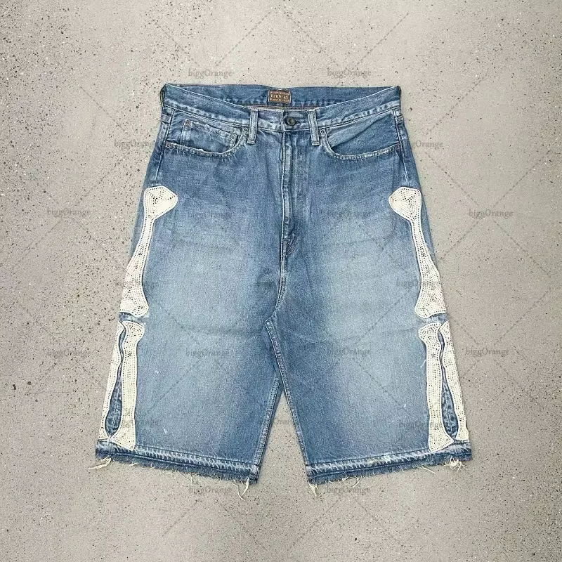 Short en jean gothique rétro diamant chaud pour hommes, vêtements de rue Harajuku Hiphop, jean d'att