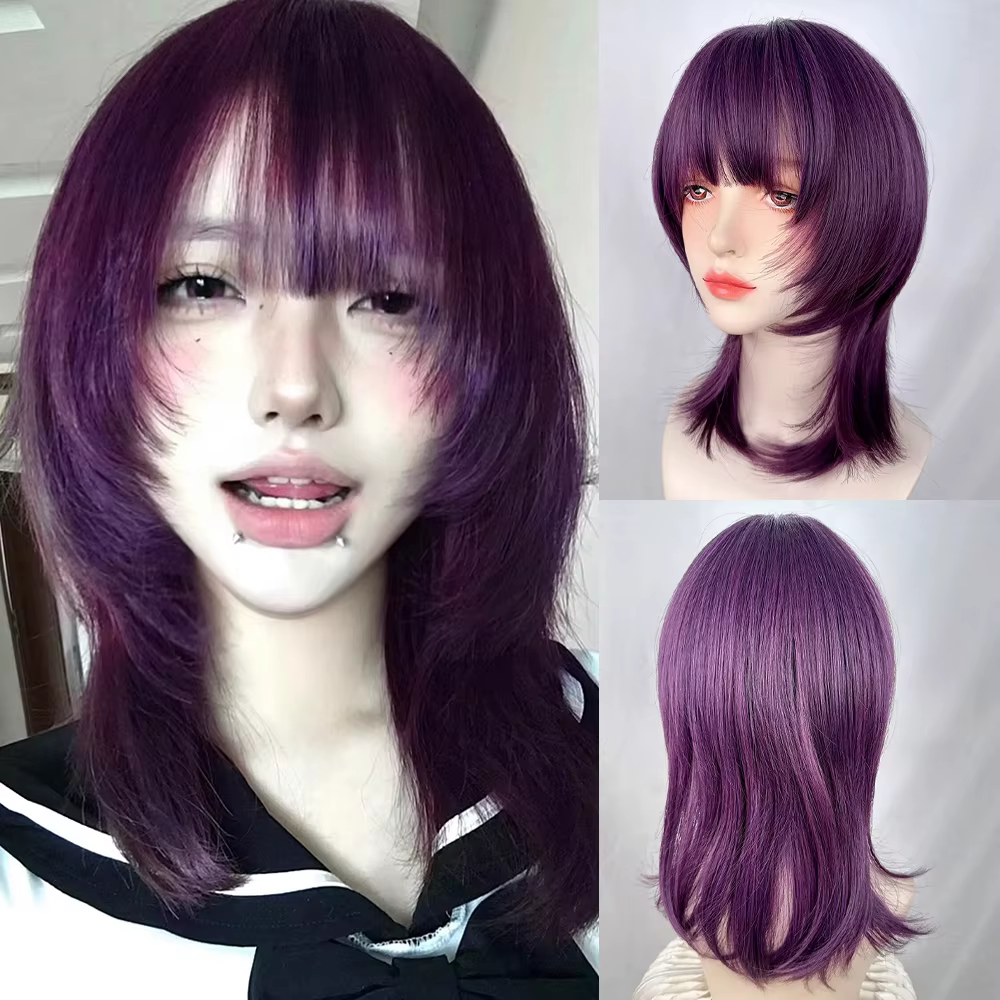 Perruque Synthétique Courte Droite avec Frange pour Femme, Tête de Mulet, Violet, Lolita Cosplay, Mo