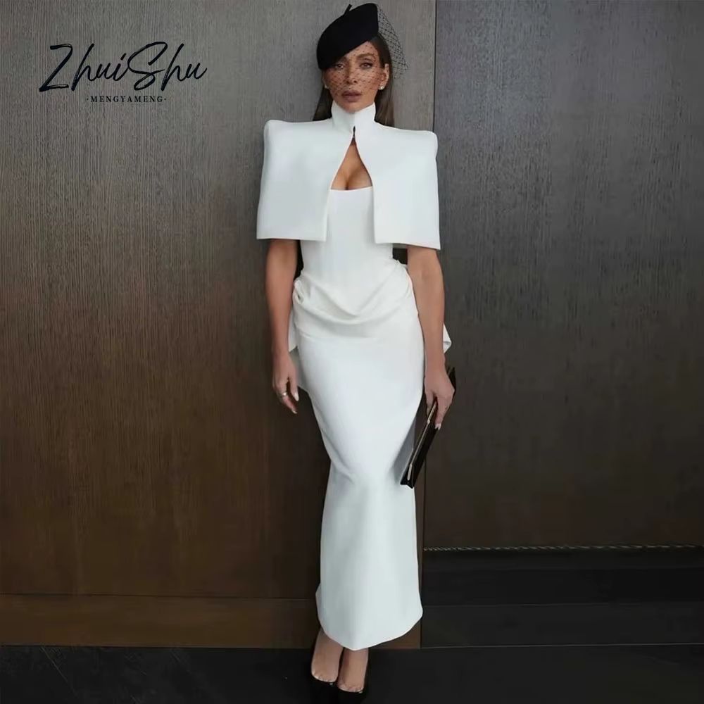 Robe de soirée vintage pour invité de mariage avec cape, élégante robe de soirée blanche, robes de c