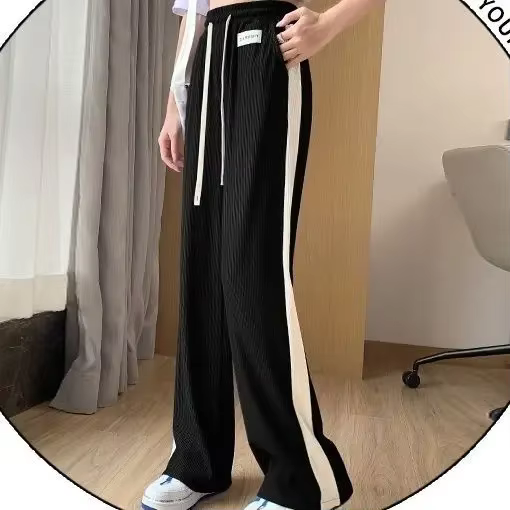 Jogging de sport bleu pour femme, pantalon noir à jambe droite, vêtements pour femme, taille élastiq