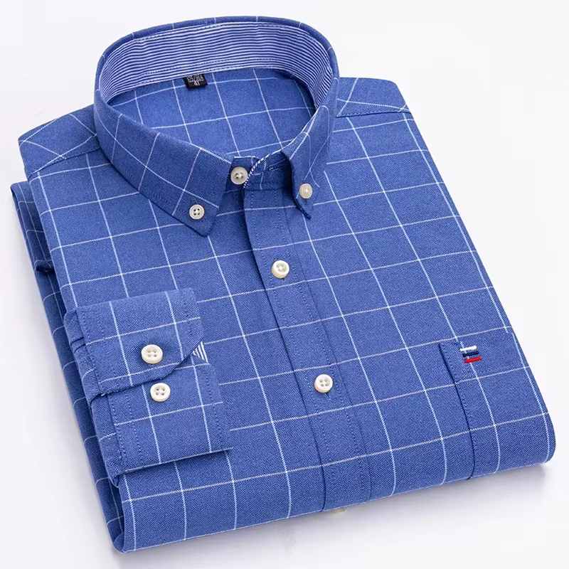 2024 Oxford hommes mode 100% coton mince à manches longues décontracté mince couleur unie Plaid impr