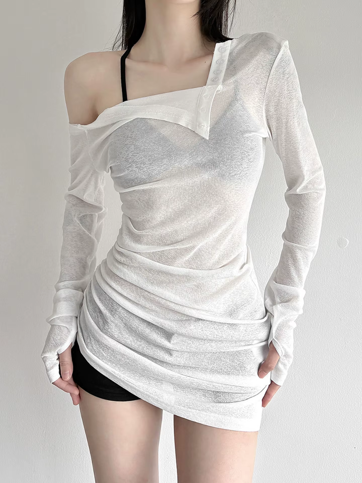 T-shirt à manches longues pour femmes, élégant, transparent, épaules dénudées, asymétrique, Style de