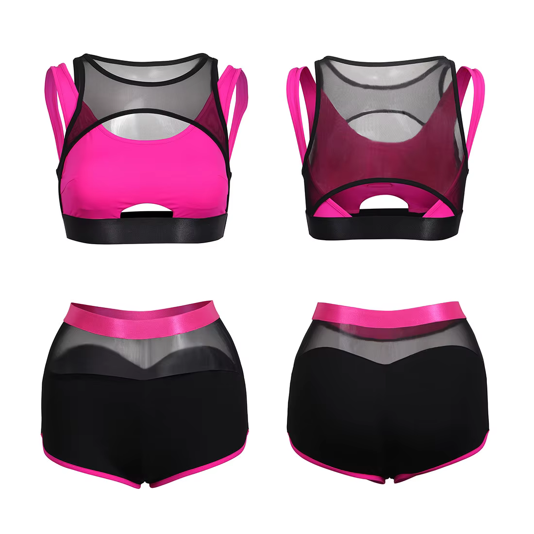 Ensemble de débardeurs de sport noirs Peach avec empiècements en maille transparente, mignons et cou