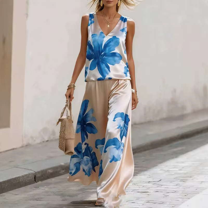 Ensemble deux pièces décontracté d'été pour femme : Gilet imprimé floral vintage à col en V et panta