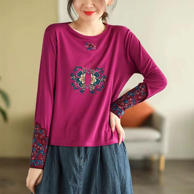 Femmes ethnique broderie à manches longues t-shirt 100% coton coupe ajustée col rond haut automne mo